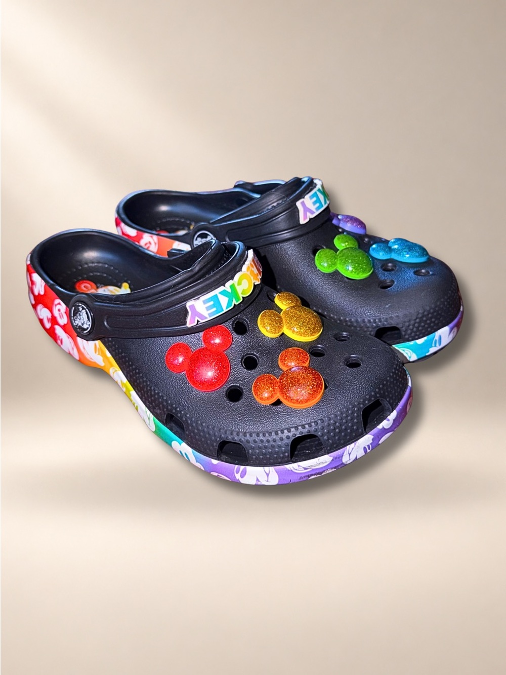 Crocs Disney Mickey Mouse Rainbow Celebration Clogs Black Youth Size 13 Jibbitz